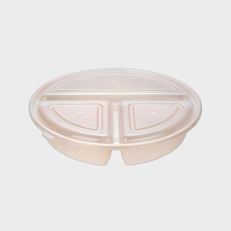 PFK004 900ml 3 Bölmeli Yuvarlak Şeffaf PP Tek Kullanımlık Yemek Hazırlama Kabı Kapaklı Set